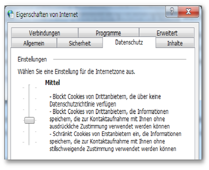 Internetoptionen für Cookies