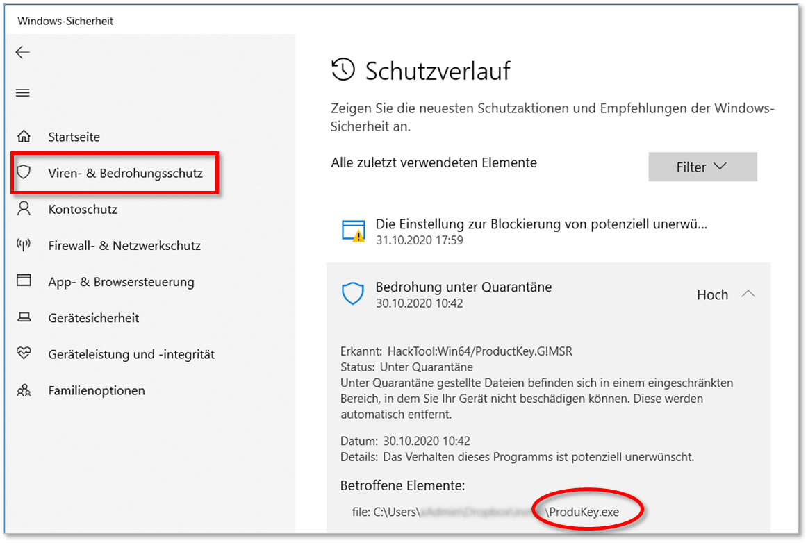 Screenshot Windows 10 - Quarantäne