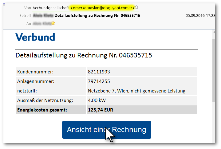 Ansicht eines betrügerischen E-Mails